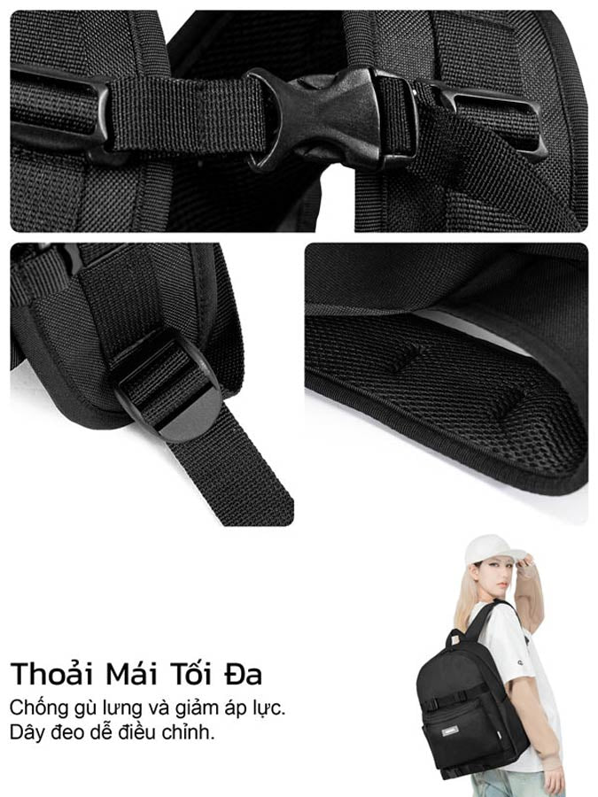 Black backpack with adjustable straps and a person wearing it.