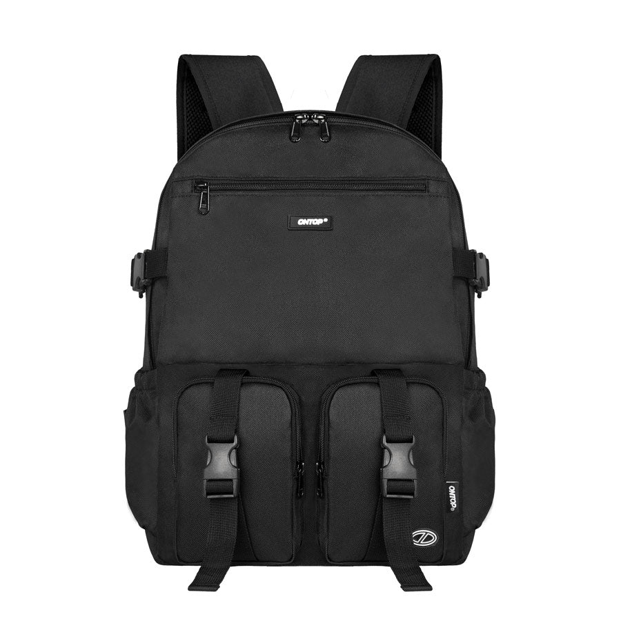 Black backpack with multiple zippers and straps on a white background