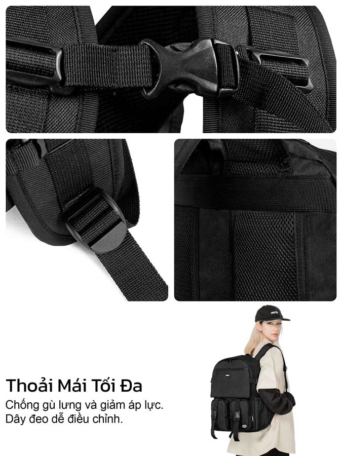 Black backpack with adjustable straps and a person wearing it, featuring text about comfort and weight reduction.