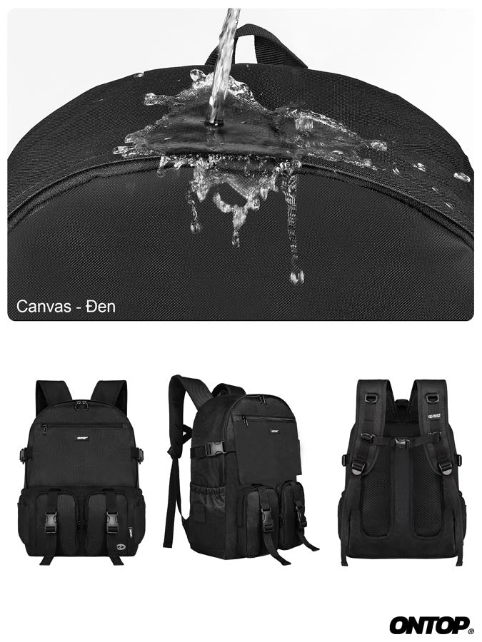 Black backpack with water splashing effect and ONTOP branding