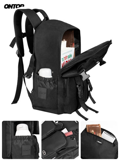 Black backpack with multiple compartments and a visible brand logo on a white background.