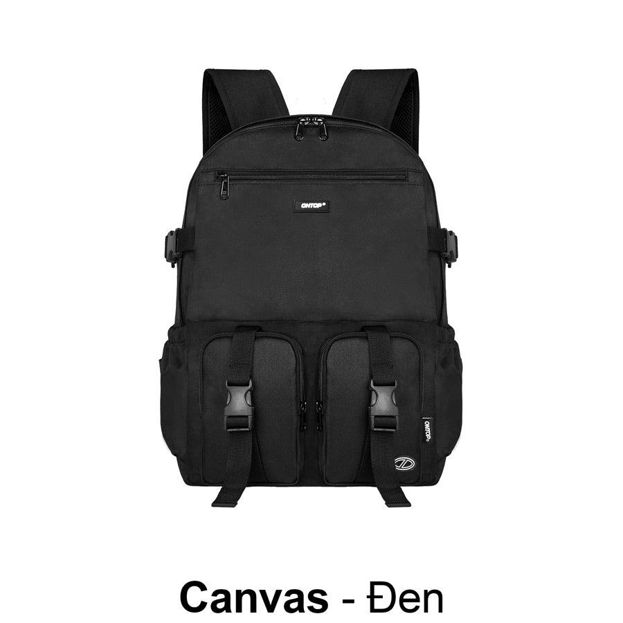Black backpack with multiple straps on a white background