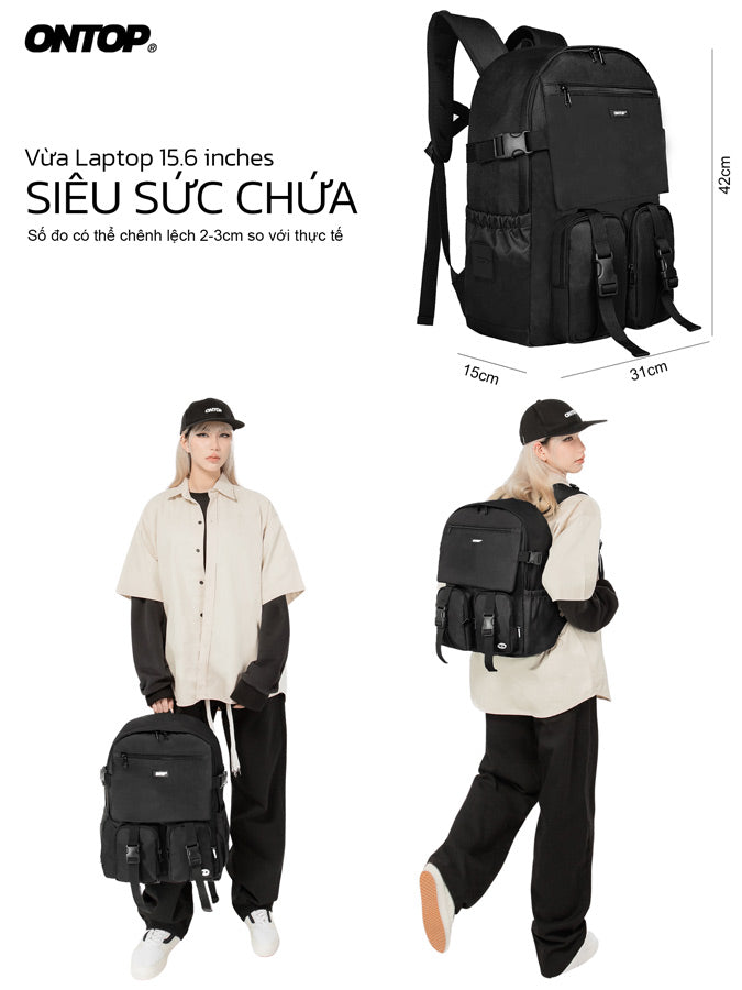 Black backpack with dimensions and a person wearing it, featuring the brand 'ONTOP'.
