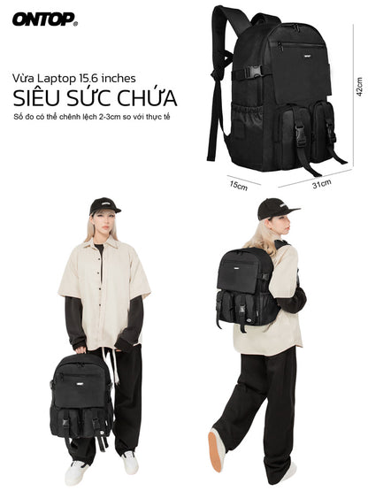 Black backpack with dimensions and a person wearing it, featuring the brand 'ONTOP'.