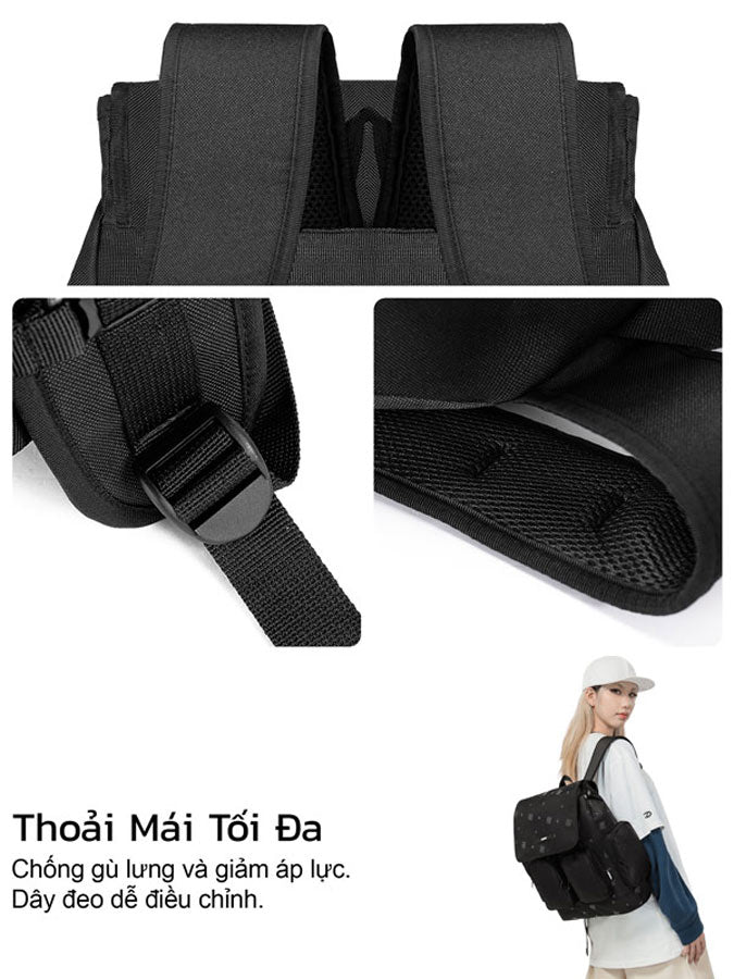 Black backpack with multiple views and a person wearing it.