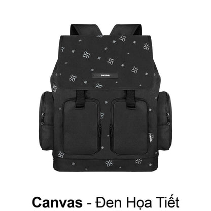 Black backpack with decorative patterns on a white background