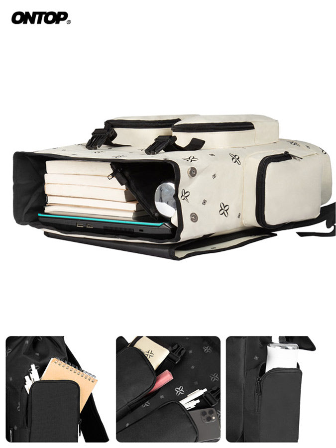 Multifunctional bag with compartments and ONTOP branding on a white background
