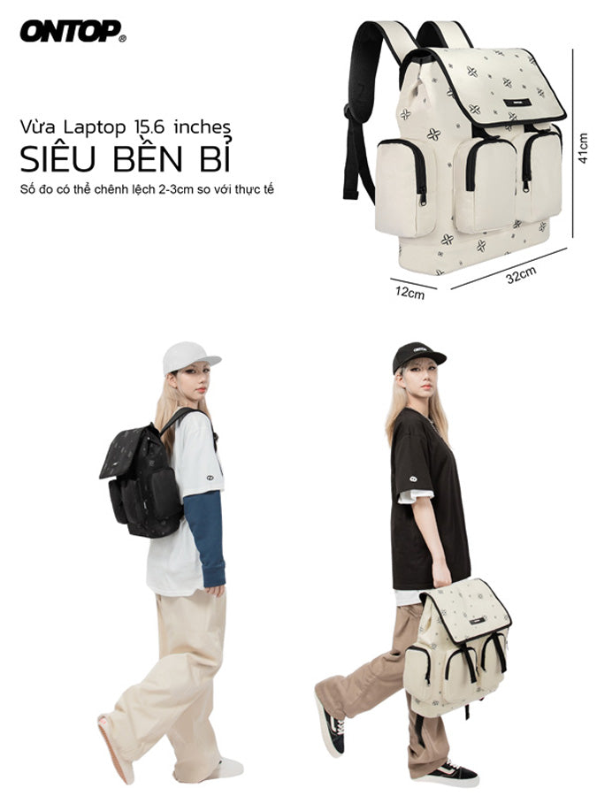 Two people wearing backpacks with product dimensions displayed.