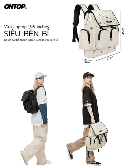 Two people wearing backpacks with product dimensions displayed.
