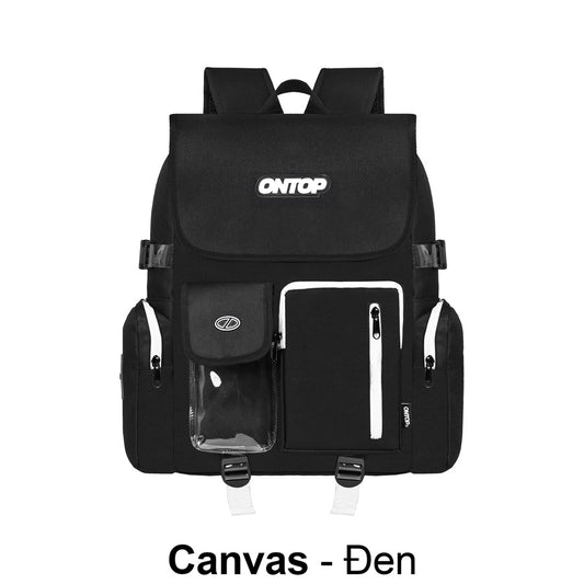 Black backpack with visible brand logo on a white background