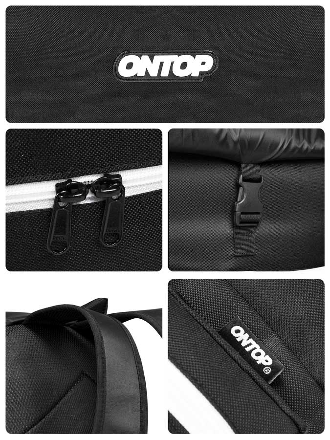 Black bag with 'ONTOP' branding, showing details like zipper and strap.