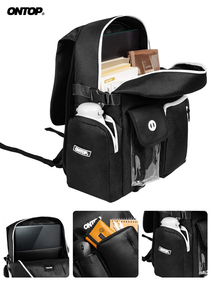Black backpack with multiple compartments and a visible brand logo on a white background.