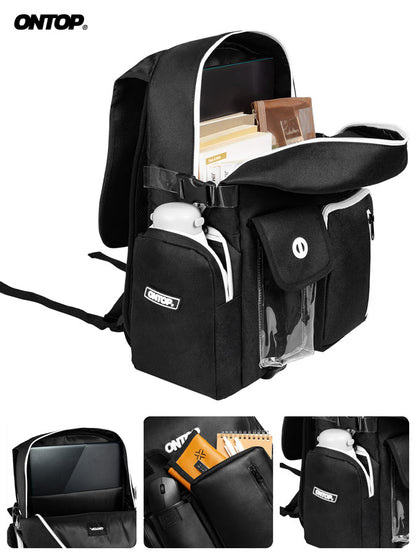 Black backpack with multiple compartments and a visible brand logo on a white background.