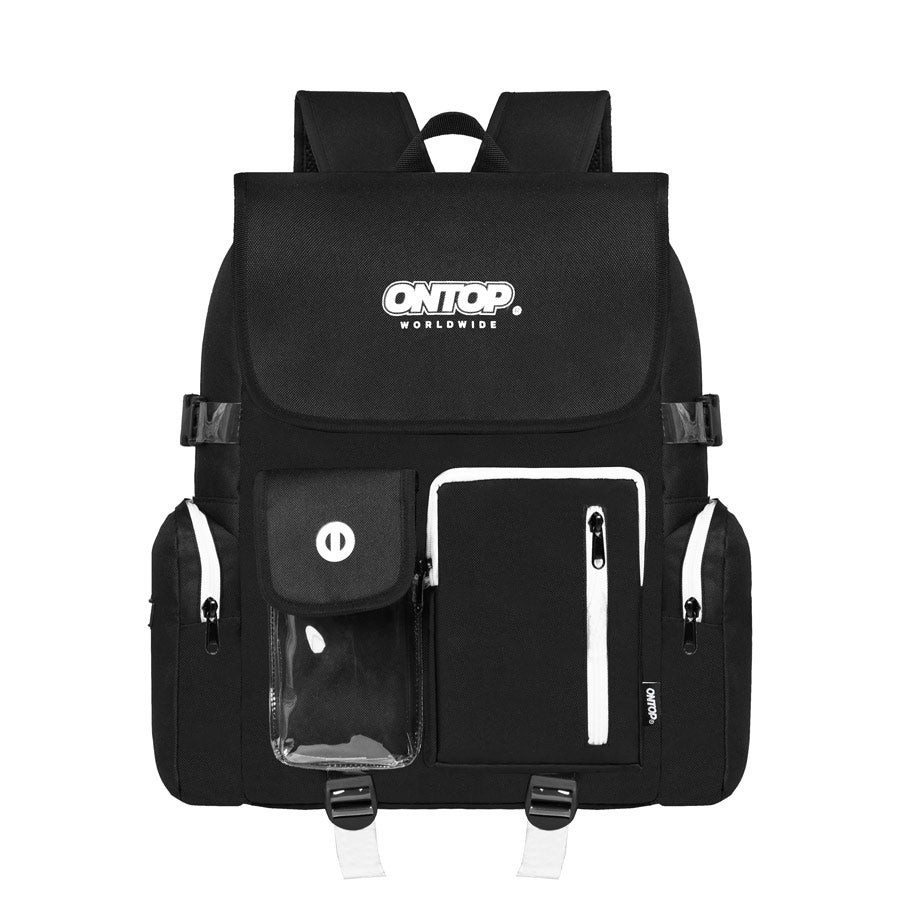 Black backpack with visible branding on a white background