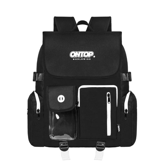 Black backpack with visible branding on a white background