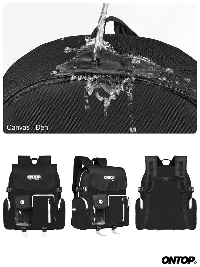 Black backpacks with water being poured on one of them, featuring the ONTOP brand.