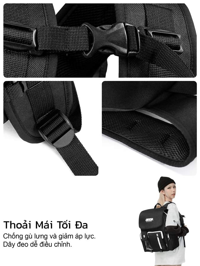Black baby carrier with adjustable straps and a person wearing it on a white background.