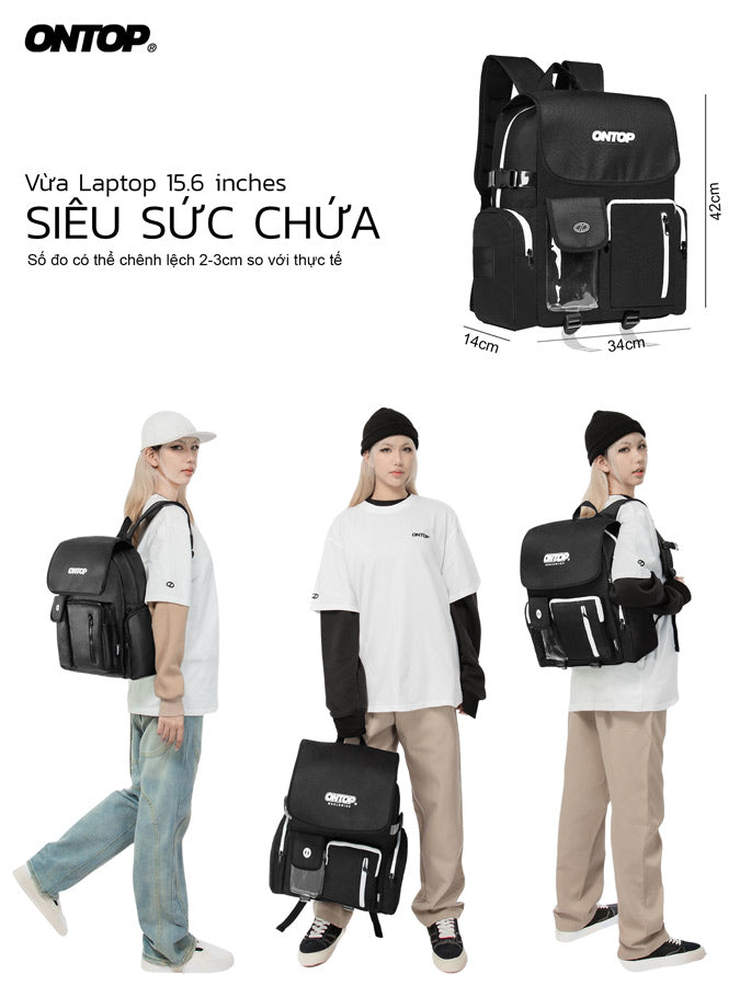 Black backpack with measurement details and people wearing it, featuring the brand 'ONTOP'.