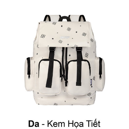White backpack with black patterns on a white background