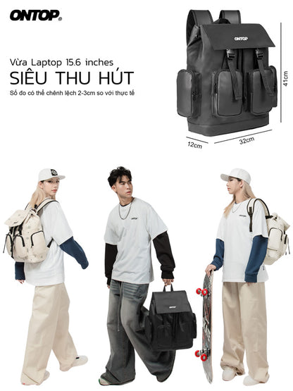 Black backpack with measurements and lifestyle images of people wearing it.