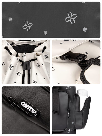 Collage of a bag with floral patterns and a visible brand logo on a black background.