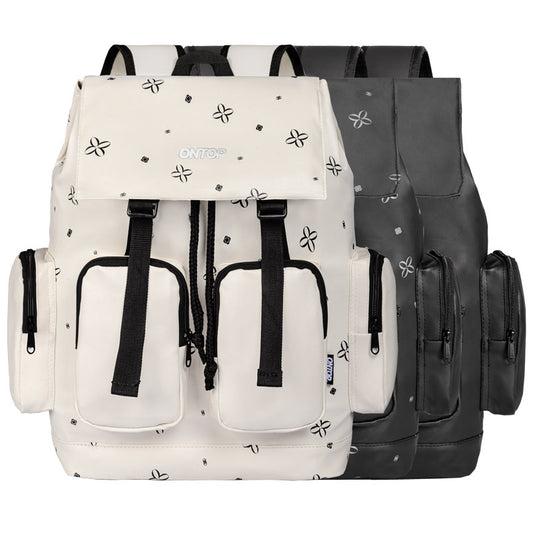 White and black backpacks with floral patterns on a white background