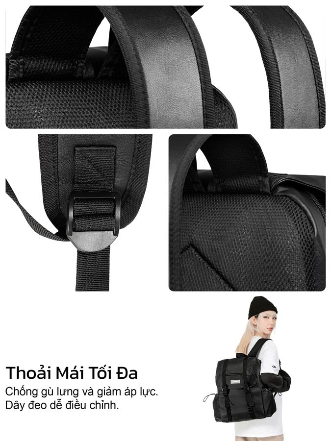 Black backpack with adjustable straps and a person wearing it on a white background
