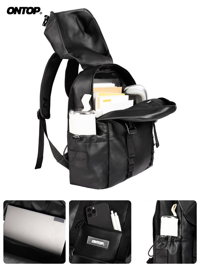 Black backpack with multiple compartments and a water bottle, featuring the brand 'ONTOP'.