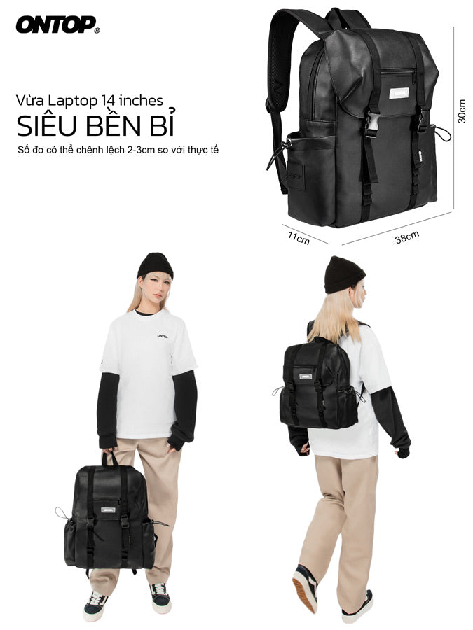 Black backpack with dimensions and person wearing it, featuring ONTOP branding.