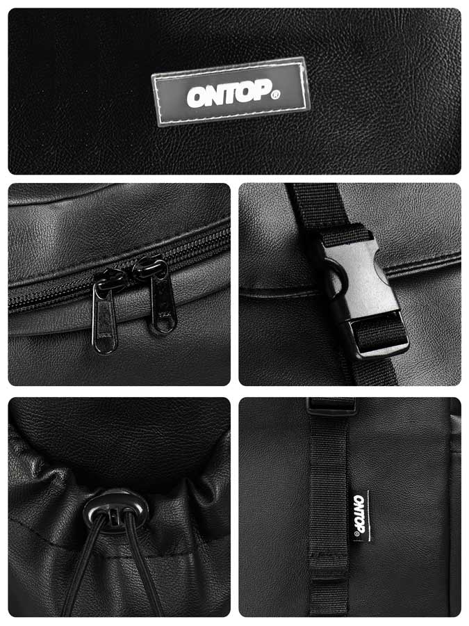 Collage of a black bag with various features and ONTOP branding.