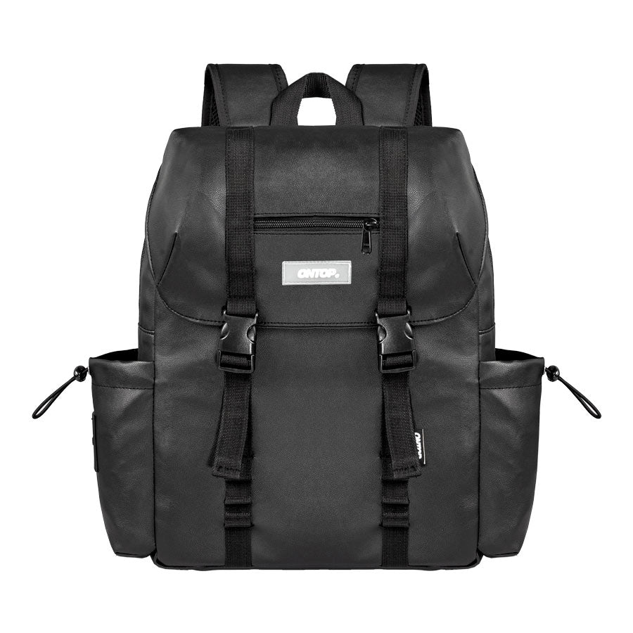 Black backpack with visible brand logo on a white background