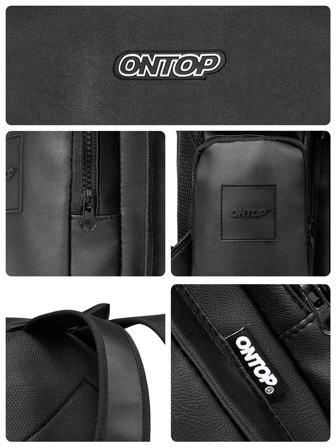 Black backpack with 'ONTOP' branding shown from different angles.