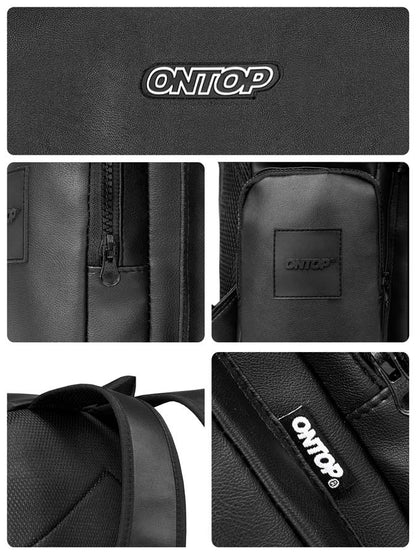 Black backpack with 'ONTOP' branding shown from different angles.