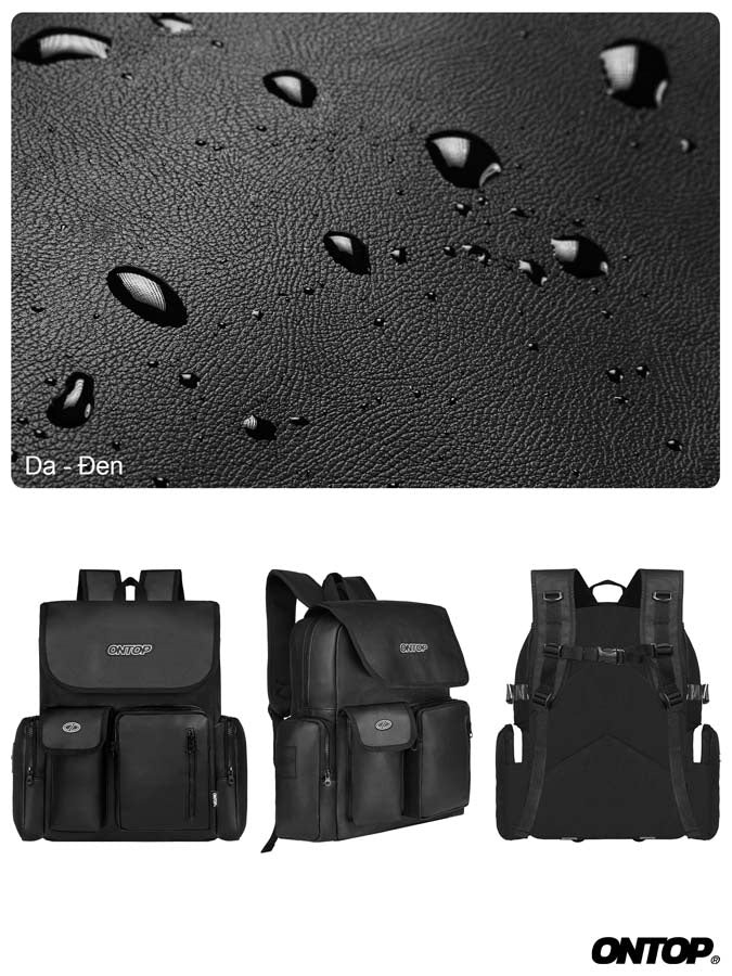 Black leather surface with water droplets and three black backpacks below.