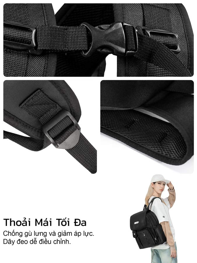 Black backpack with adjustable straps and a person wearing it.