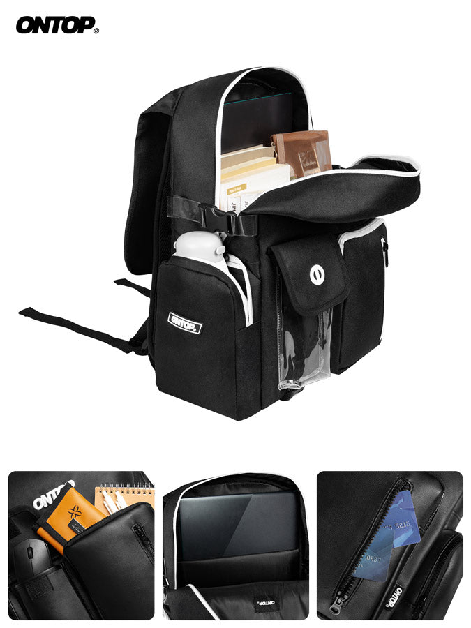 Black backpack with multiple compartments and a clear side pocket, featuring the ONTOP brand.