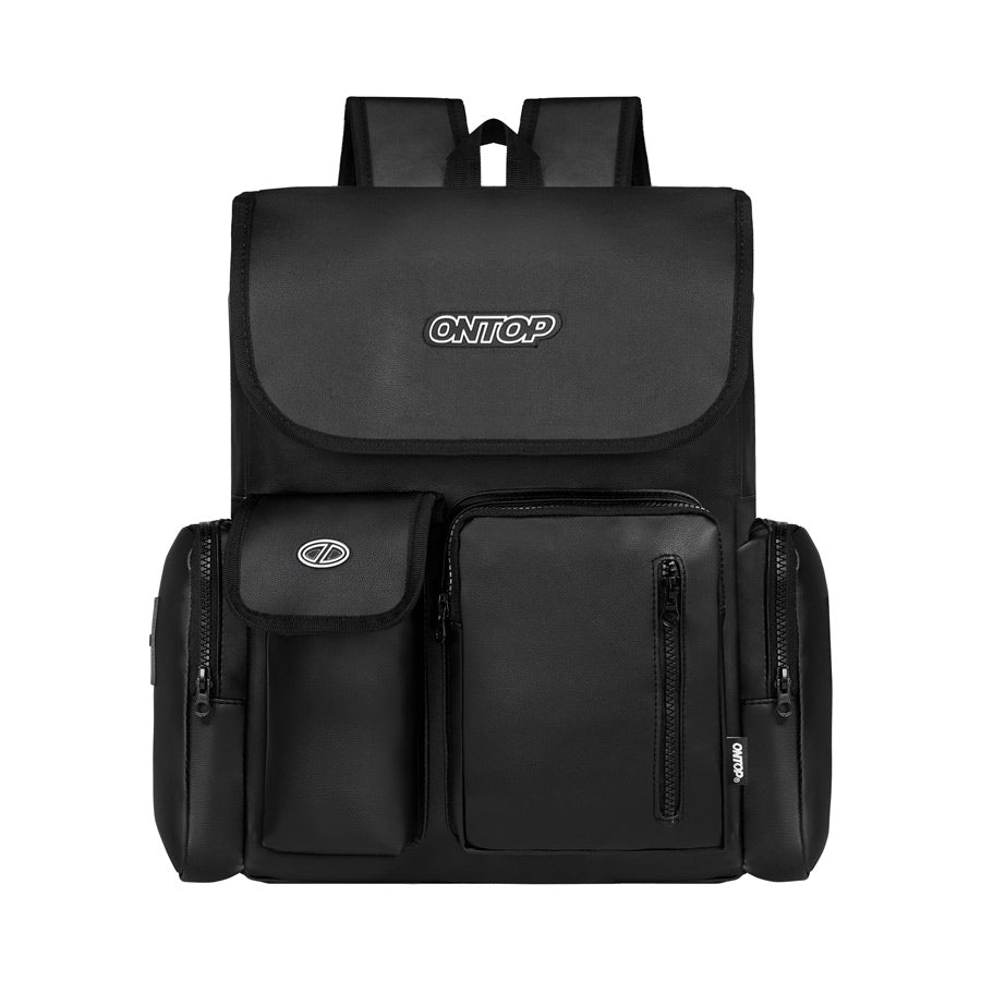 Black backpack with multiple pockets and 'ONTOP' branding on a white background