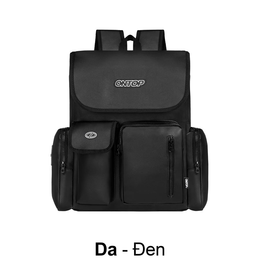 Black backpack with visible brand logo on a white background