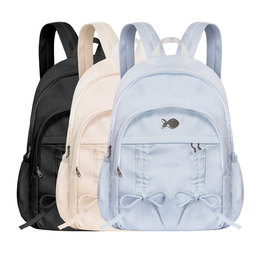 Three backpacks in black, beige, and light blue on a white background