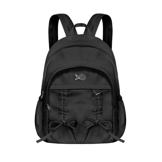 Black backpack with a brand logo on a white background