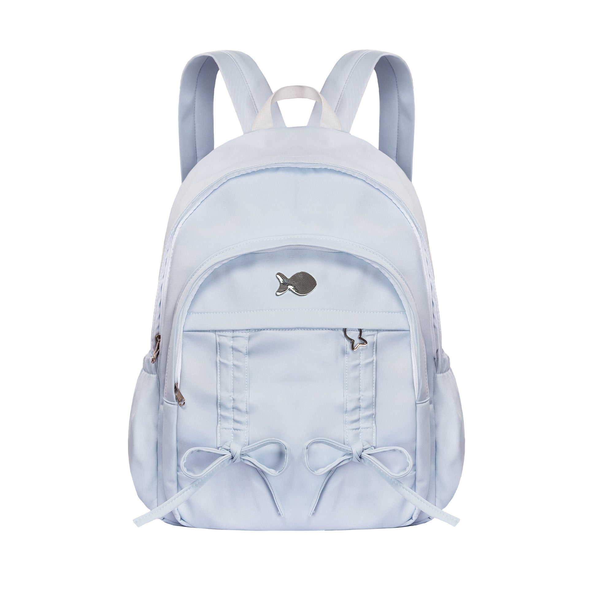 Light blue backpack with decorative elements on a white background