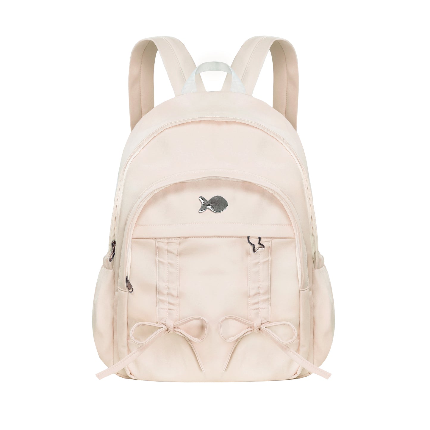 Beige backpack with bow details on a white background