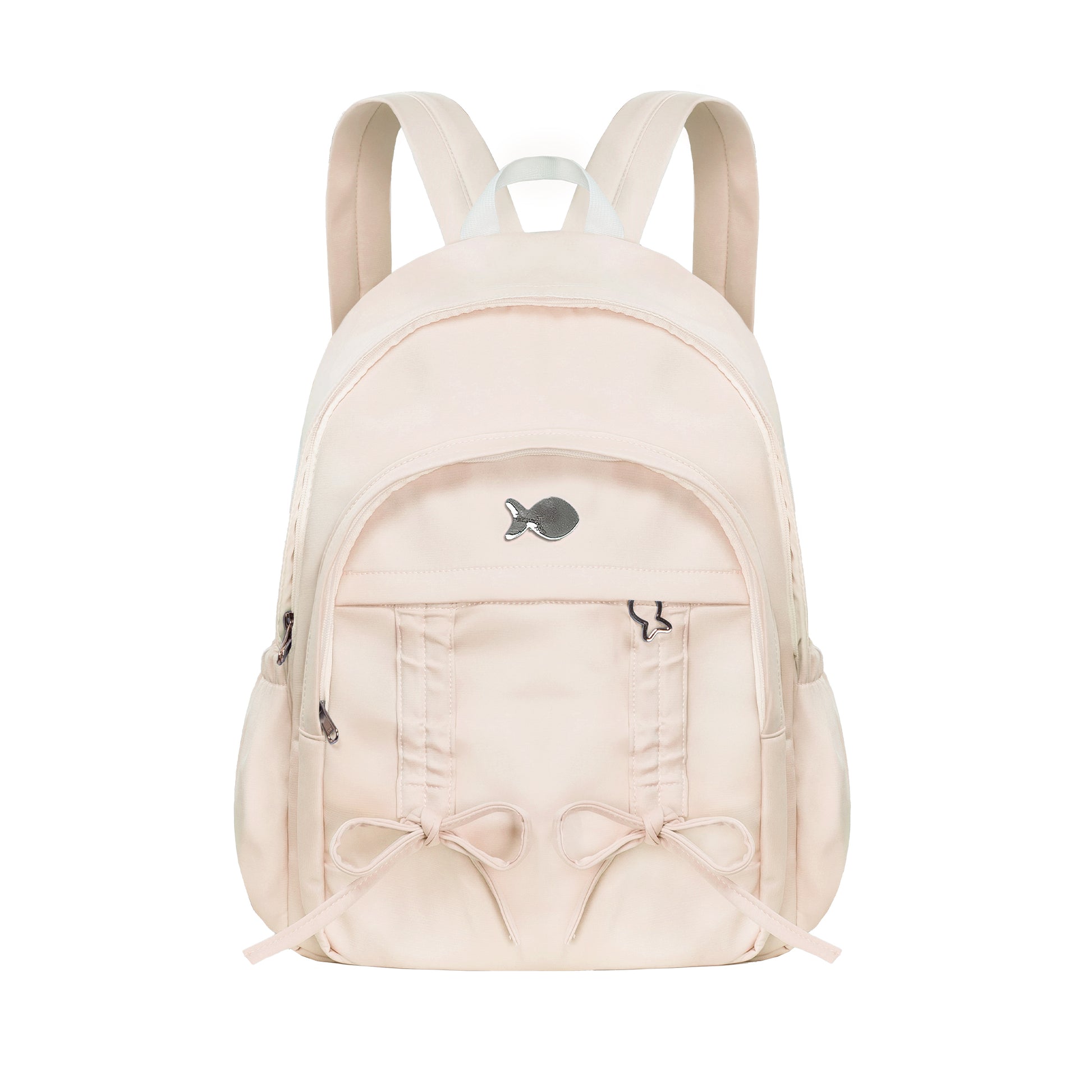 Beige backpack with bow details on a white background