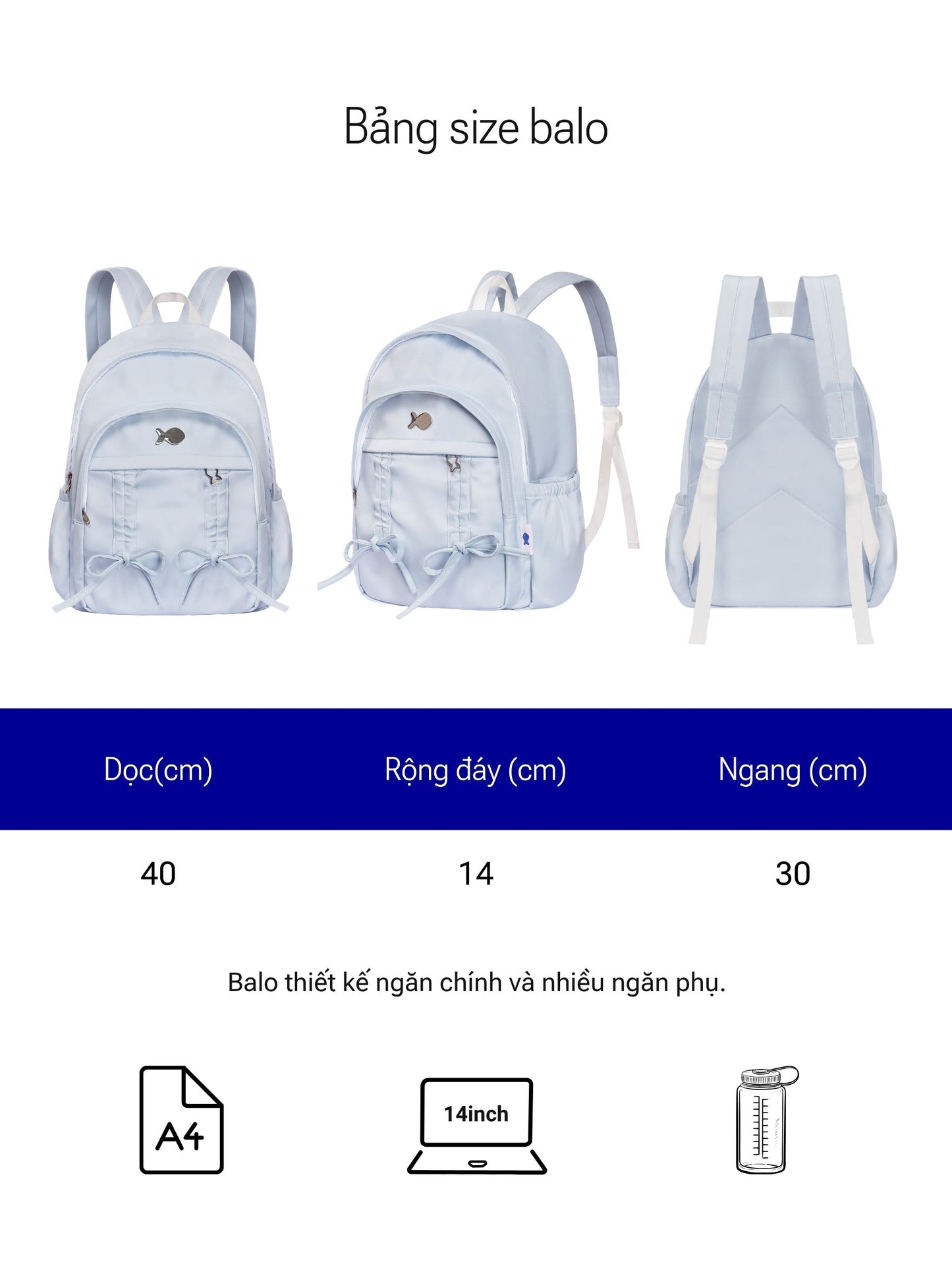 Light blue backpack with measurement details on a white background