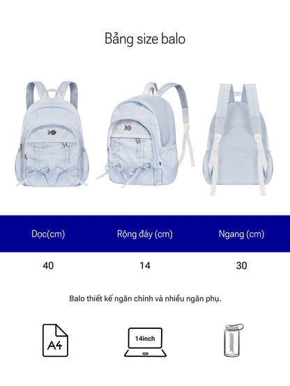 Light blue backpack with measurement details on a white background
