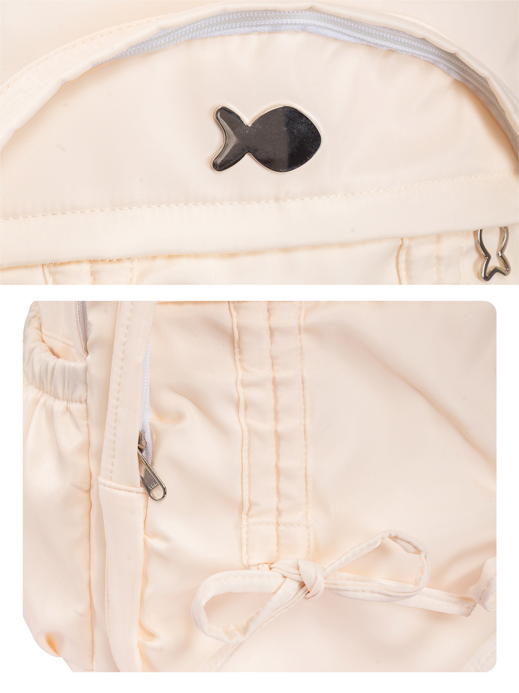Beige backpack with a fish-shaped emblem on a white background