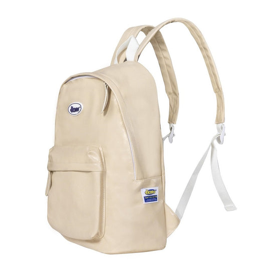 Beige backpack with visible brand logo on a white background