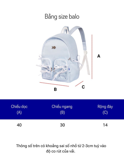 Measurement chart for a light blue backpack with dimensions labeled A, B, and C.