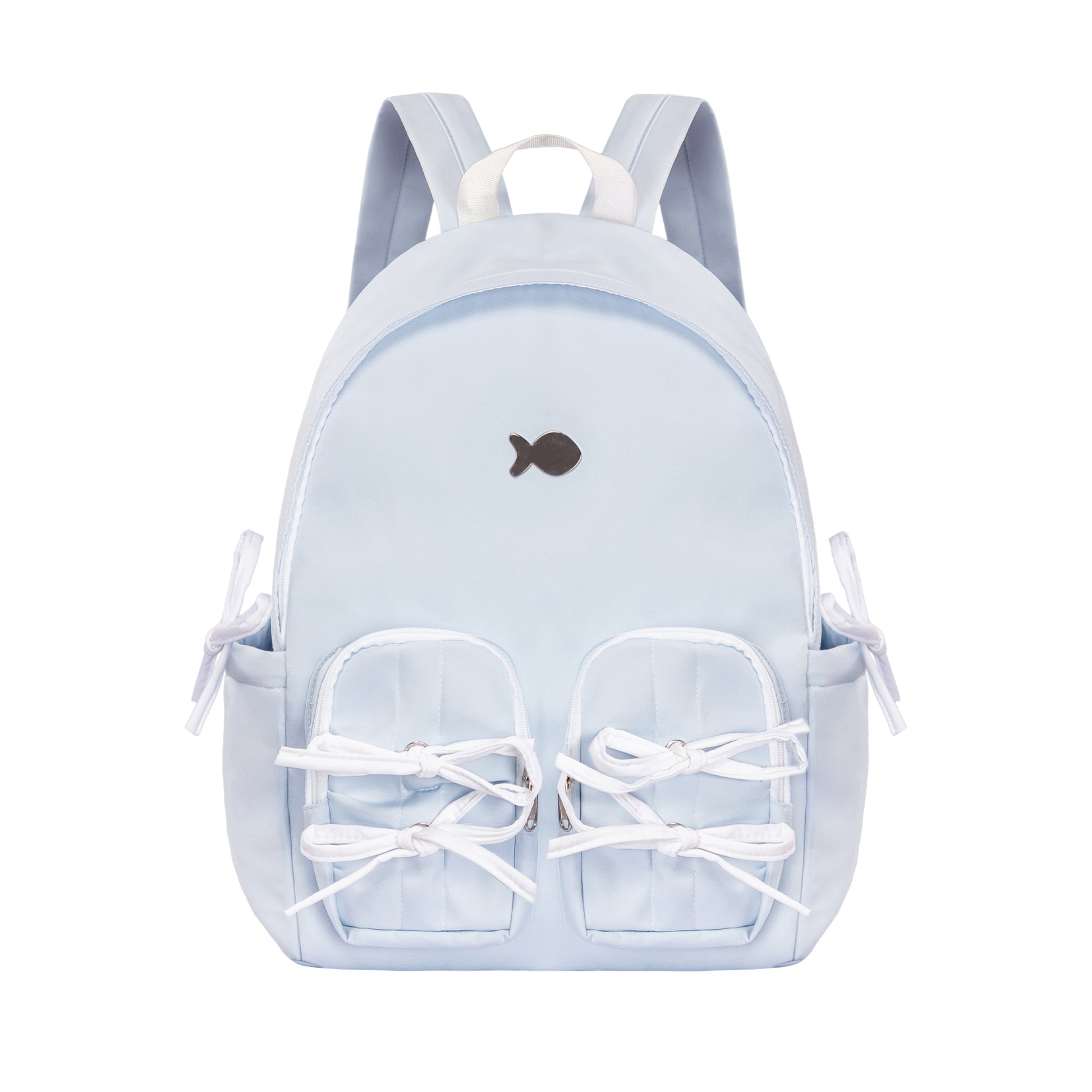 Light blue backpack with shoe design on a white background