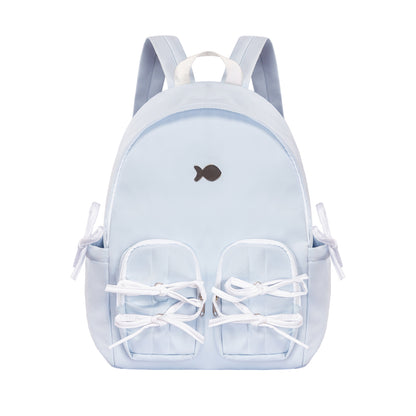 Light blue backpack with shoe design on a white background